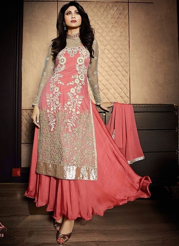 Shilpa Shetty Baby Pink Georgette On Net Anarkali Suit