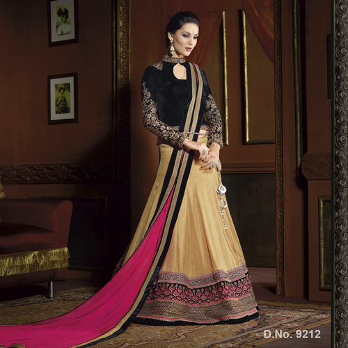 Elegant Lehenga - Silk Net, 54 Inches, Beige | Multi Resham Thread Work, Handwork Lace, Crystal Embellishments