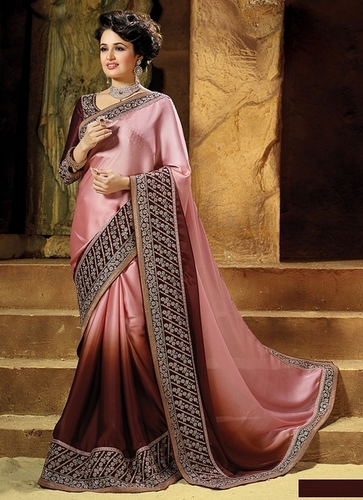 Yuvika Chaudhary Satin Georgette Saree 6.3m, Plum - Resham, Patch Border, Embroidery, Diamond Work, Customizable Blouse