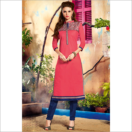 Pink Embroidered Cotton Straight Kurti