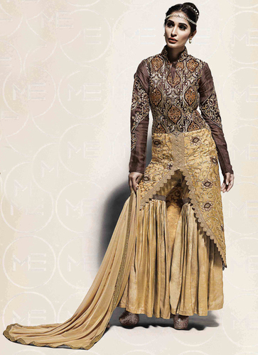 Lively Georgette Designer Salwar Suit - Georgette Fabric, Beige, Resham Embroidery, Custom Size, Matching Dupatta