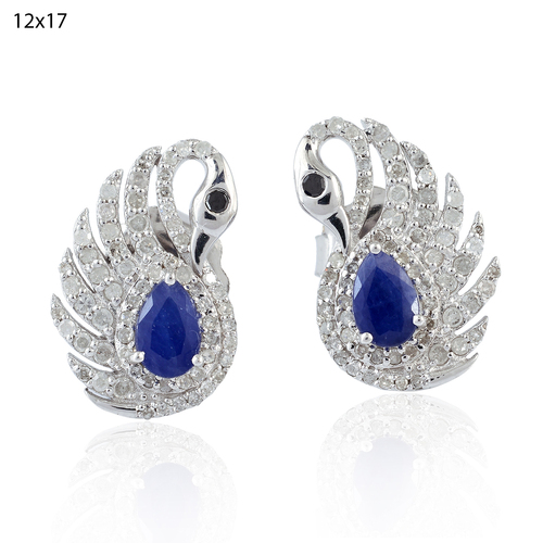 18k White Gold Duck Shaped Stud Earring - 18k White Gold & 925 Silver, Blue Sapphire Diamond, Handmade Jewelry