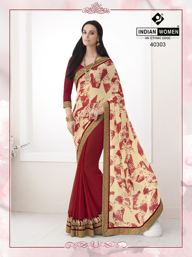 Multicolor Silk Sarees - Georgette & Raw Silk, 5.5m, Beige & Red | Soft, Elegant Drape, Ornate Design