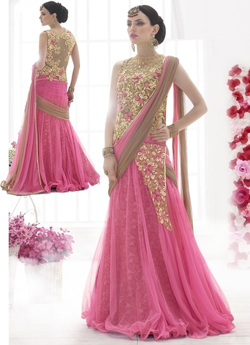 Civility Pink Net Lehenga Style Saree