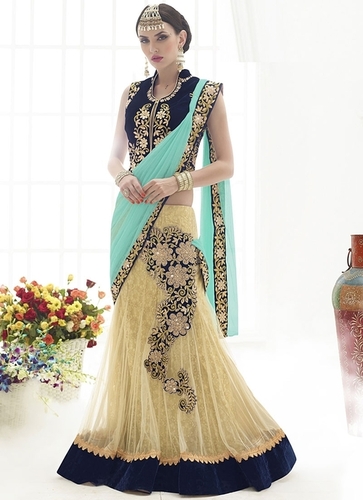 Sociability Cream Net Lehenga Saree - Net Fabric, Cream Color, Custom Sizes | Resham, Diamond, Patch Border Embroidery