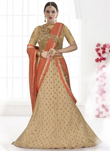 Joyous Cream Lila Lycra On Net Lehenga Saree