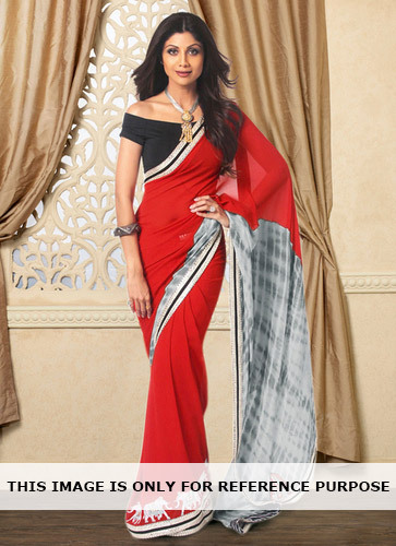 Enchanting Faux Chiffon Designer Saree - 5.5 Meters, Red Chiffon & Georgette, Embroidered Lace Work, Matching Blouse