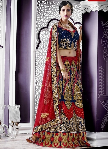 Colourful Navy Blue Velvet Bridal Lehenga Choli