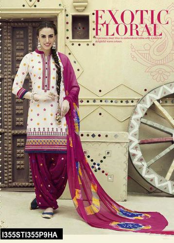 Beautiful Salwar Suits - Cotton Top, Shantoon Bottom, White, Chiffon Dupatta, Embroidered, 3/4 Sleeve, Semi-Stitched, Elegant Design