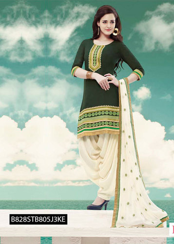 Exclusive Patiyalai Suit - Pure Cotton Cambric Green, Unstitched | Embroidered, 3/4 Sleeve, Dupatta Included