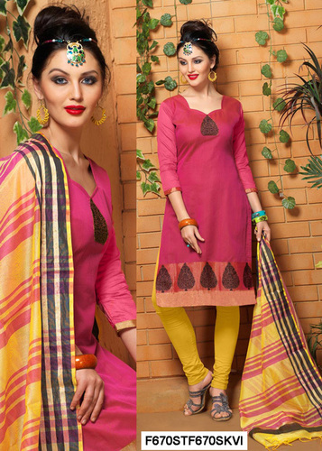 Georgette Embroidered Suits - Silk, Unstitched, Pink, 3/4 Sleeve, Printed Banarasi Design