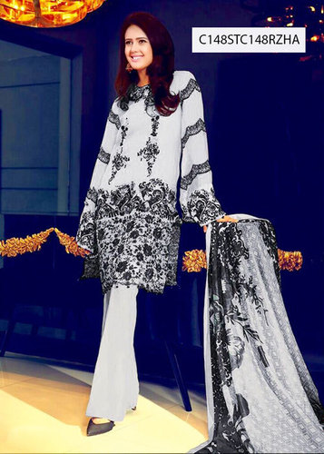 Exclusive Designer Suit - Faux Georgette Semi-Stitched Grey, Embroidered Full Sleeve, Dupatta Included