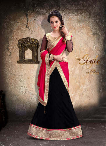 Black Lycra Lehenga - Lycra Fabric, Floor Length, Black with Golden Blouse, Matching Dupatta, Embroidered Elegance