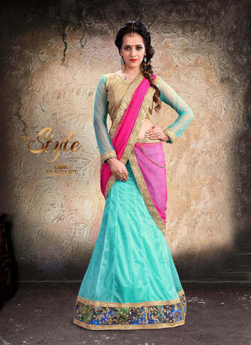 Electric Blue Lehenga - Net, 54 Inches, Blue | Elegant Design, Embroidered Work, Matching Dhupatta, Blouse Included, Comfortable Fit