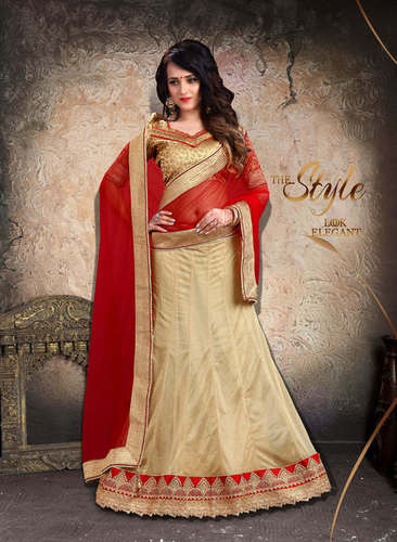 Golden Lycra Lehenga - Lycra, Multiple Sizes, Golden with Red Dhupatta | Embroidered, Elegant Design, Comfortable Fit
