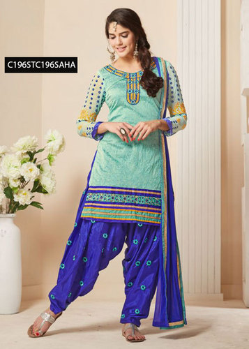 Patiala Embroidered Ladies Suits - Cambric Cotton Sky Blue, Full Sleeve Embroidery, Unstitched with Dupatta