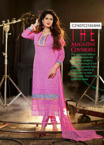 Georgette Embroidered Suits - Pink Georgette, 3/4 Sleeve, Unstitched | Intricate Embroidery, Matching Dupatta, Elegant Design