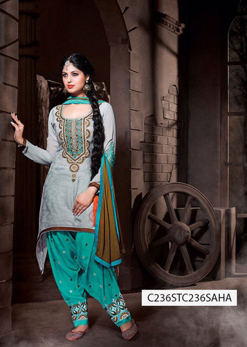 Unstitched Ladies Suits - Satin Jacquard Grey, Full Sleeve, Embroidered Work, Dupatta Included