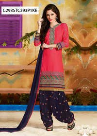 Ladies Fancy Patiala Suits - Pure Cotton Pink, Unstitched | Embroidered, 3/4 Sleeve, Dupatta Included