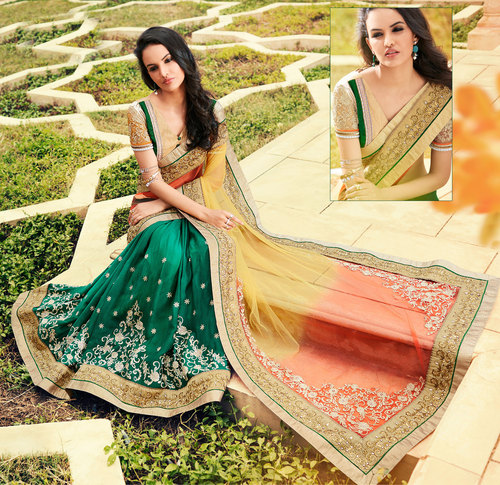 साटन शिफॉन + नेट फैंसी साड़ी