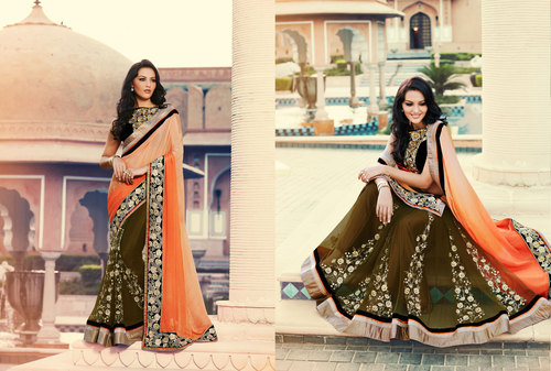 साटन शिफॉन + नेट फैंसी साड़ी