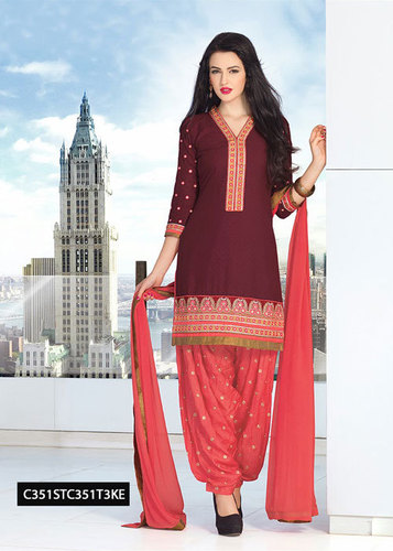 Unstitched Ladies Suits - Cotton Jacquard, Maroon, 3/4 Sleeve, Embroidered Semi-Stitched