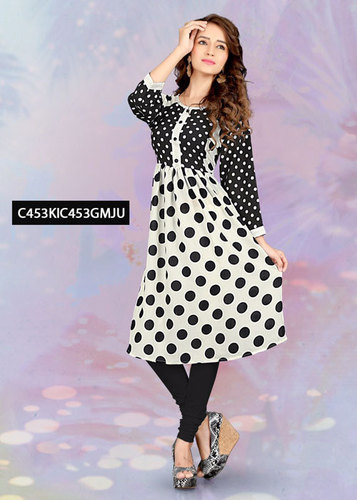 Printed Designer Kurti - Crape, Georgette & Chiffon Fabric, White, 3/4 Sleeve, Printed Party Wear