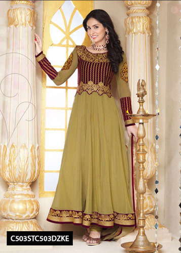 Designer Anarkali Salwar Kameez - Pure Georgette, Semi-Stitched, Olive Green, Embroidered Full Sleeve | Elegant Occasion Wear With Dupatta