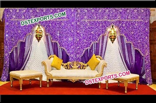Embroidered Jharokha Style Wedding Event Backdrop - Fabric, Custom Size, Purple, Handmade Details, Elegant Durable Design