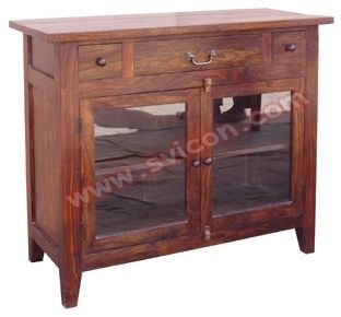 Wood Wooden 2 Glass Door 3 Drawer Side Board