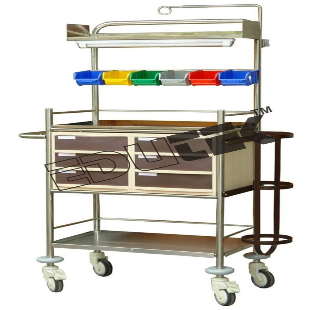 Medicine Trolley - Stainless Steel, Multi-Functional Compartments, Two Shelves & Drawers, Four Castors (Two with Brakes)