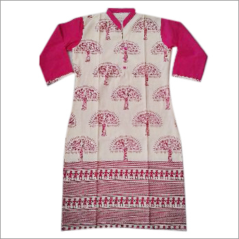 Red And Off White Ladies Cotton Kurtis