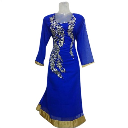 Party Wear Georgette Kurtis - Embroidered, Size L/M/S/XL | Soothing Blue, 3-4th Sleeve, Easy Care, Fade Resistant