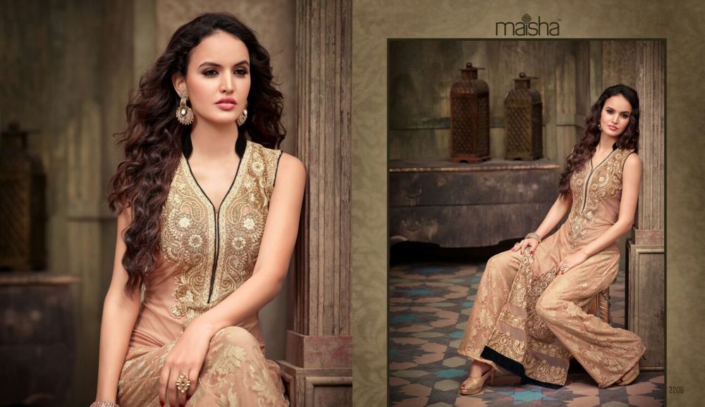 Designer Neck Embroidery Suits - Silk Blend, S-XL, Beige | Hand/Machine Embroidery, Elegant Sleeveless Floor Length