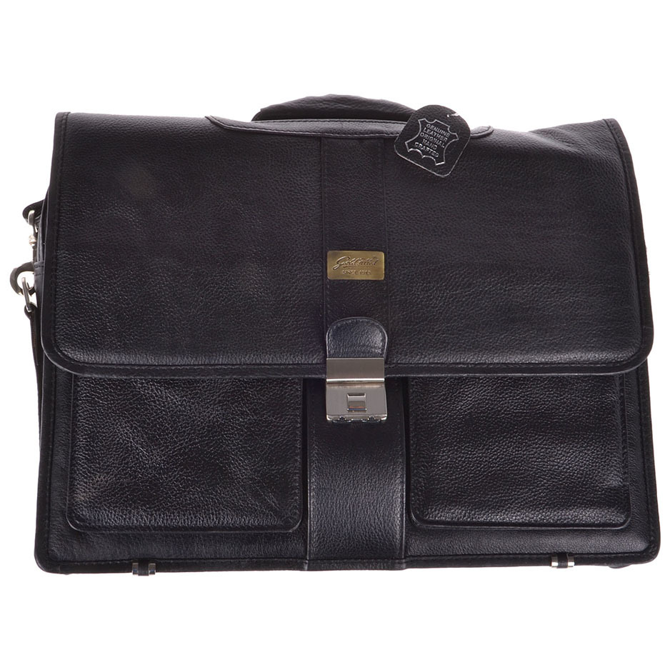 Leather Office Bag - Genuine Leather, Medium, Black, 3 Compartments, Press Button Closure, Elegant Design