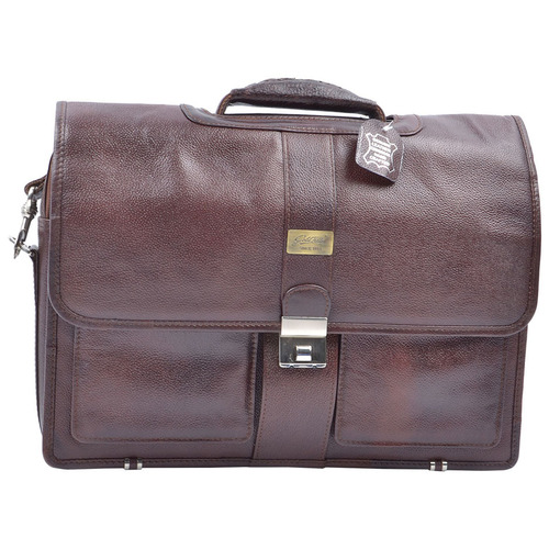 Leather Office Bag - PDM Leather, 370x120 mm, Brown | Laptop Friendly, Push Button Closure, Organized Storage