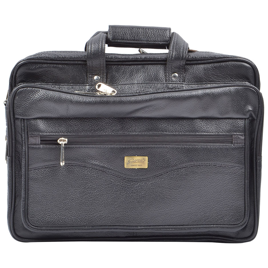 Leather Office Bag - Genuine Leather, Medium, Black | Zip Closure, 3 Compartments, Multiple Pockets, Comfortable Carry