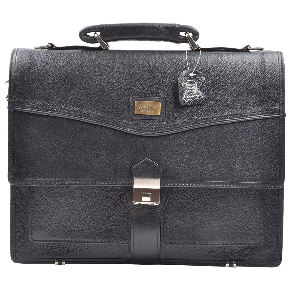Leather Office Bag - Genuine Leather, Medium, Black, 3 Compartments, Press Button Closure, Messenger Bag, Multiple Pockets, Professional Look