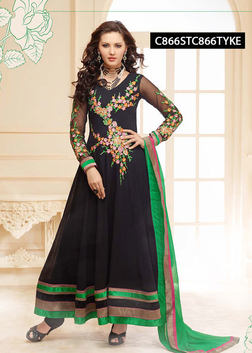 Anarkali Salwar Kameez - Black Georgette, Semi-Stitched | Embroidered, Full Sleeve, Dupatta Included