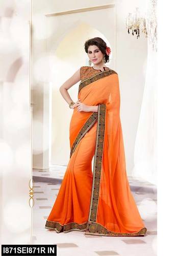 Embroidered Georgette Saree - Georgette 5.5M, Raw Silk Blouse 0.8M, Orange | Elegant Embroidery, Party Wear, Unstitched Blouse