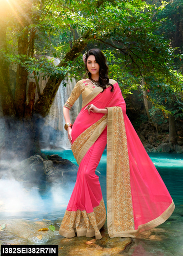 Heavy Embroidered Saree - Pink Chiffon 5.5 M, Raw Silk Semi-Stitched Blouse 0.8 M | Elegant Embroidery, Party Wear, Luxurious Look