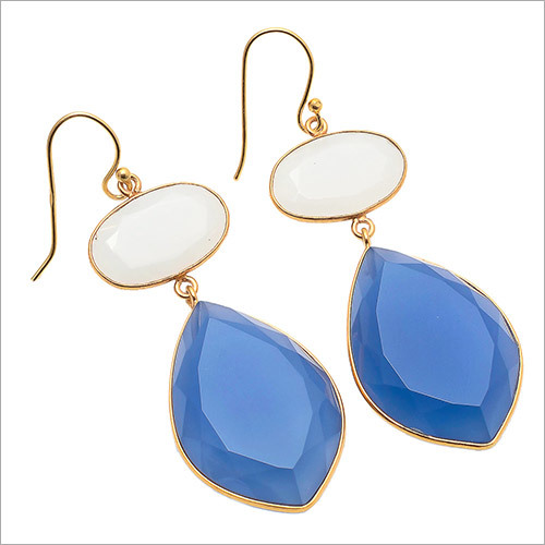 Blue Chalcedony & Milky Chalcedony Gemstone Earrings - 925 Sterling Silver, 20x30mm & 13x18mm Faceted Oval Design, Natural Stone Elegance