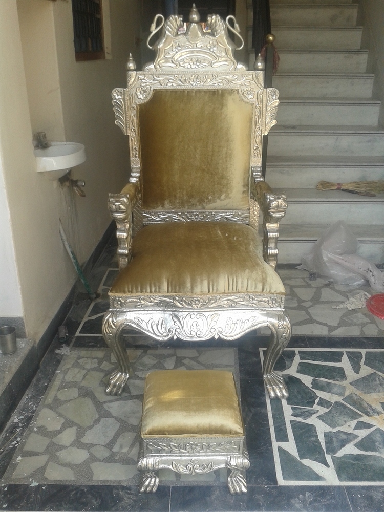 Metal Thrones - Metal and Fabric, Chair and Footrest, Gold | Hand Carved, Royal Design, Premium Comfort, Durable Build