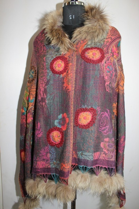 Boiled Wool With Caller Fox Fur with Pompom Shawls