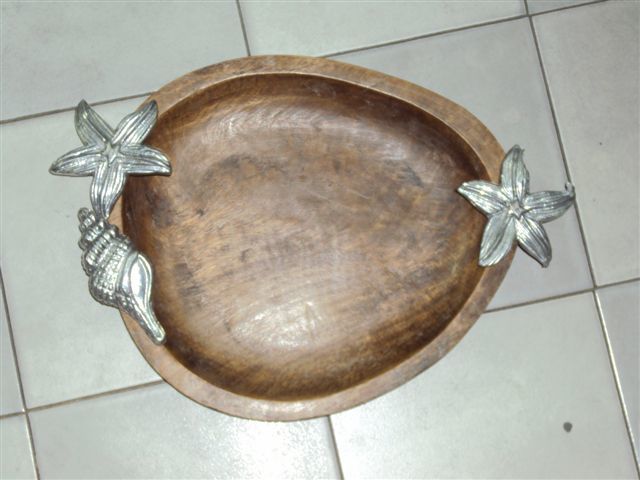 Handicraft Item - Wood & Metal, 12 Inch, Antique Brown, Oval Tray with Metal Handles, Handcrafted, Elegant Design