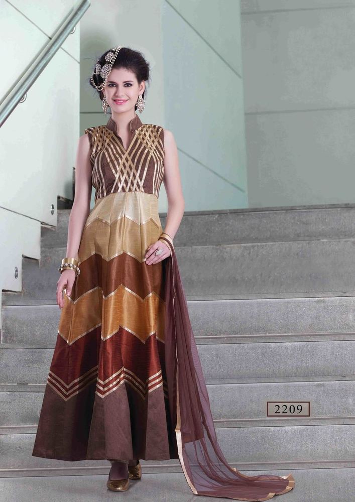 Parnika Dress - Silk, Multiple Sizes, Brown | Embroidered, Elegant Anarkali, Floor Length, Comfortable Fit