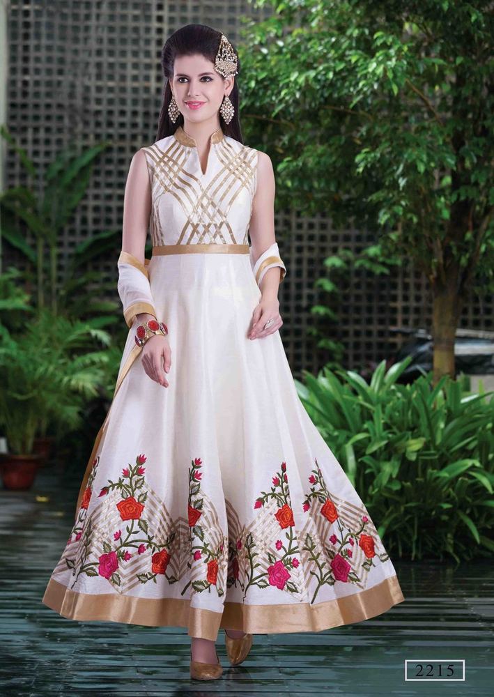 White Beautiful Suit - Silk, Floor-Length, White | Elegant V-Neck, Sleeveless, Floral Embroidery, Comfortable Fit