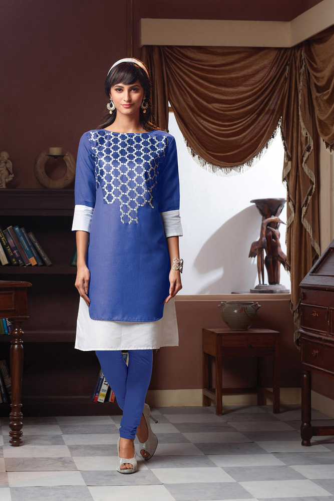 Poly Linen Designer Kurti - Size 40, 42, 44, Blue | Stylish Design, Perfect Fit, Three-Quarter Sleeves