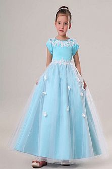 Floor Length Satin Tulle Blue Flower Girl Dress with Short Sleeves and Embroidery