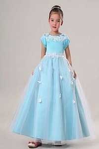Dry Cleaning Floor Length Satin Tulle Blue Flower Girl Dress With Short Sleeves And Embroidery